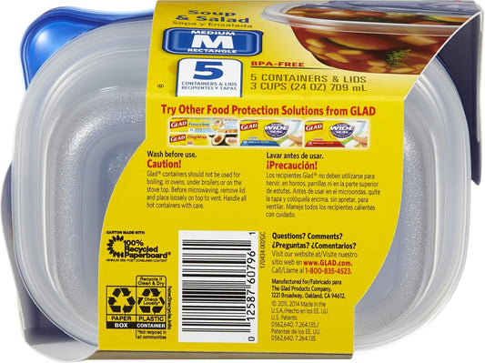 Glad GladWare Medium Rectangle Food Storage Containers with Lids, Airtight Leak-Resistant Plastic Containers for Soup Salad Meal Prep, Microwave Dishwasher Freezer Safe, 24 Oz, 5 Count