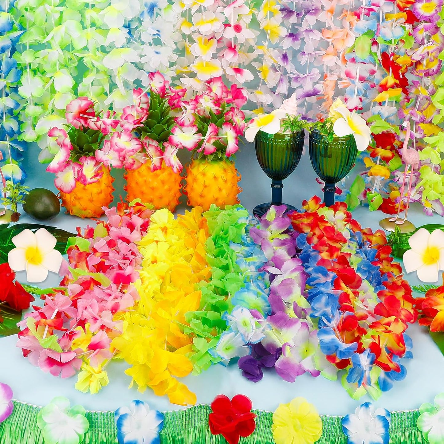 24pcs Hawaiian Leis Bulk Luau Party Silk Flower Necklace Colorful Tropical Hawaiian Bulk Hula Dance Party Decor Flower Leis Summer Beach Pool Party Decorations Favors Supplies
