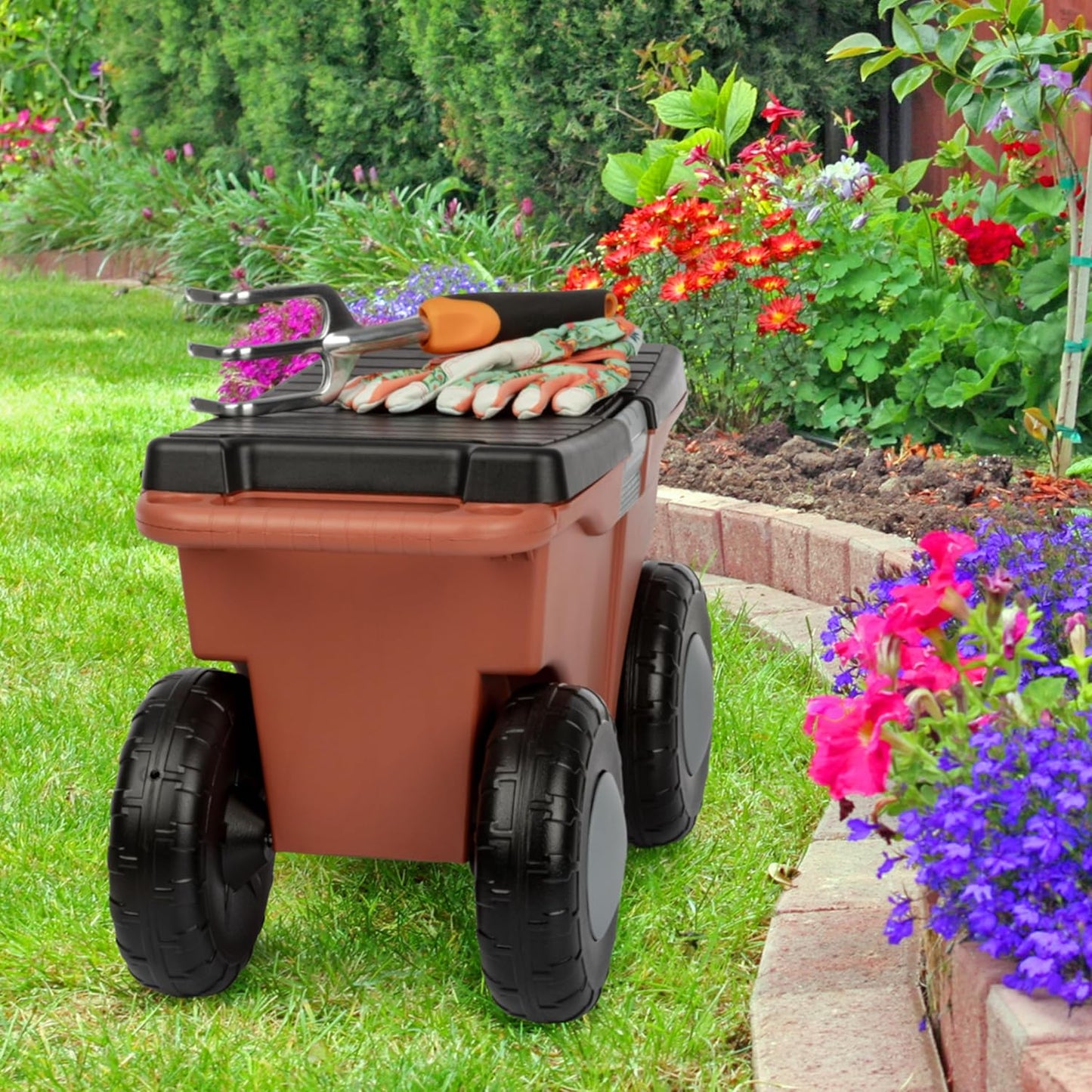 Pure Garden Rolling Garden Cart with Seat - Plastic Storage with Bench
