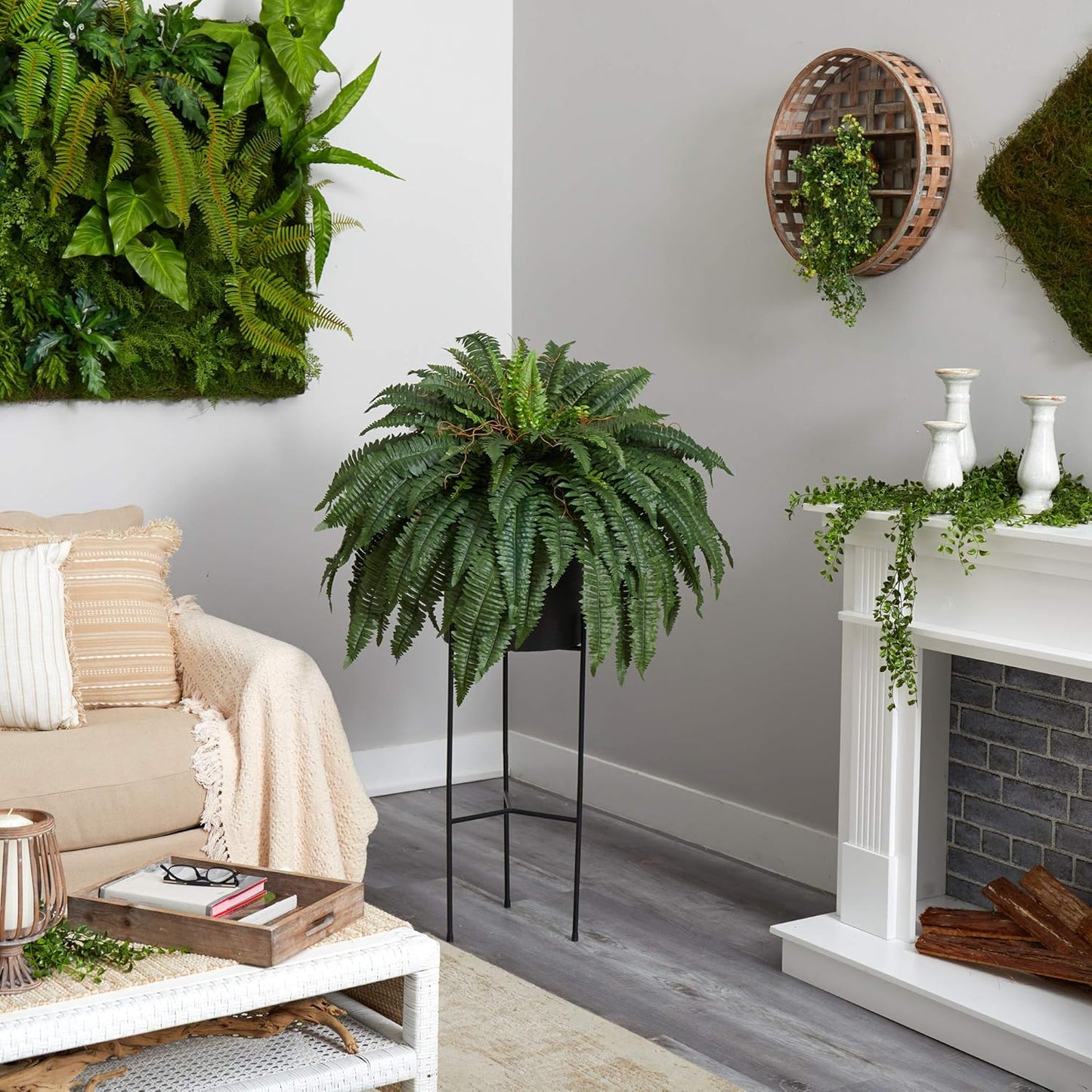 Nearly Natural 51in. Boston Fern Artificial Plant in Black Planter with Stand