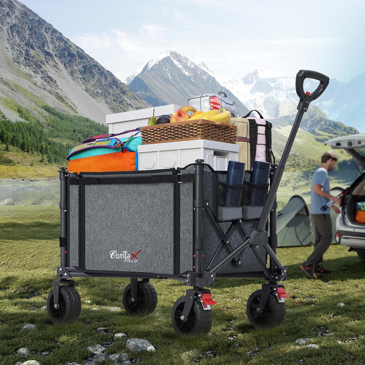 Collapsible Wagon Cart Foldable with Big Wheels Brakes, 250lbs Folding Utility Lightweight Garden Wagon, Portable Grocery Cart for Camping Shopping Sports Pets, Grey