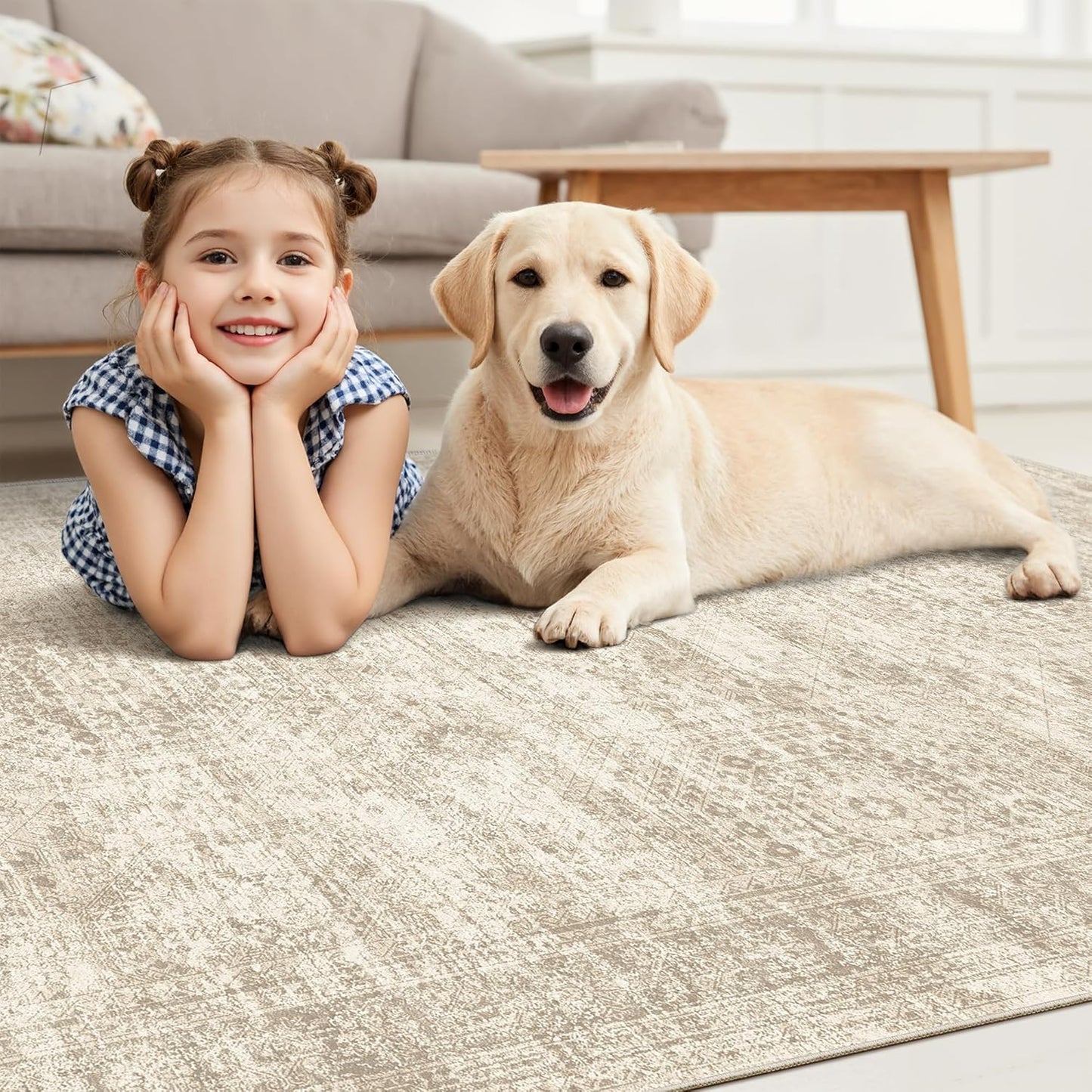 Washable Area Rug 8x10, Large Soft Rugs for Living Room Vintage Beige