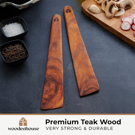 Wooden Spatula for Cooking Set of 2 – 12 Inch Teak Spatula Turner & Flipper for Cast Iron, Flat Egg & Pancake Scraper – Utensils by Woodenhouse