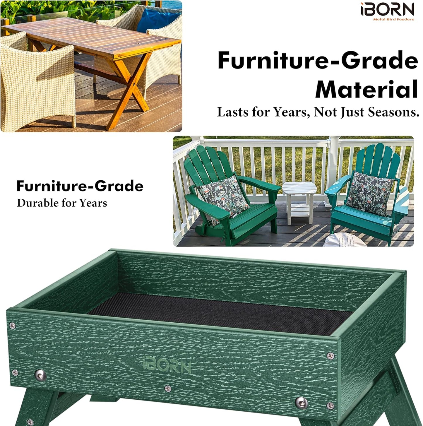 iBorn Ground Bird Feeder, Bird & Squirrel Platform Feeder for Outdoors, WPC Recycled Plastic, 3.6LB Large Capacity, Green