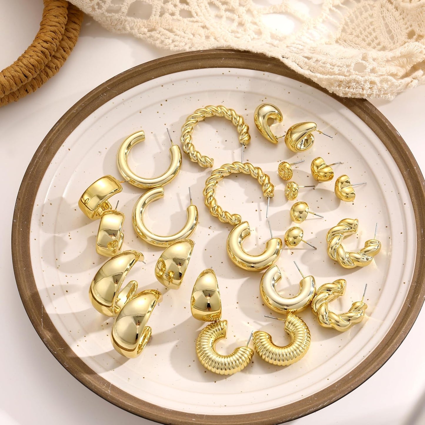 12 Pairs Chunky Gold Hoop Earrings for Women Trendy, Gold Plated Light