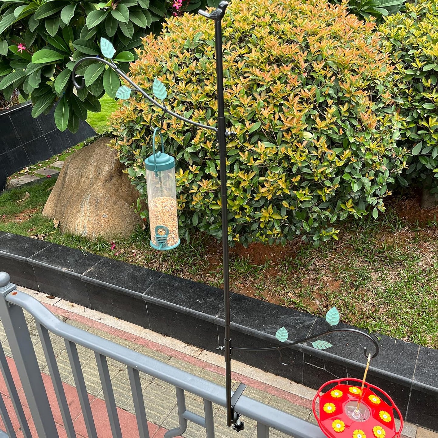 Deck Bird Feeder Hook, Multi-Hook Bird Feeder Hooks for Deck Railing, Clamp on Metal Bird Feeders Balcony Hanging Kit with 2 Adjustable Branches, Porch Planter Hanger for Attracting Wild Birds
