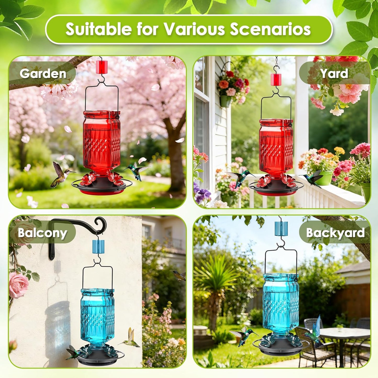 20oz Glass Hummingbird Feeder for Outdoors Hanging, Bird Nectar Feeder