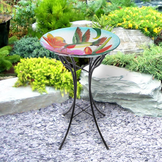 Teamson Home Handpainted Hummingbird Fusion Glass Birdbath Bowl Feeder with Metal Stand for Outdoor Patio Garden Backyard Decking, 21 Inch Height, Purple/Light Blue
