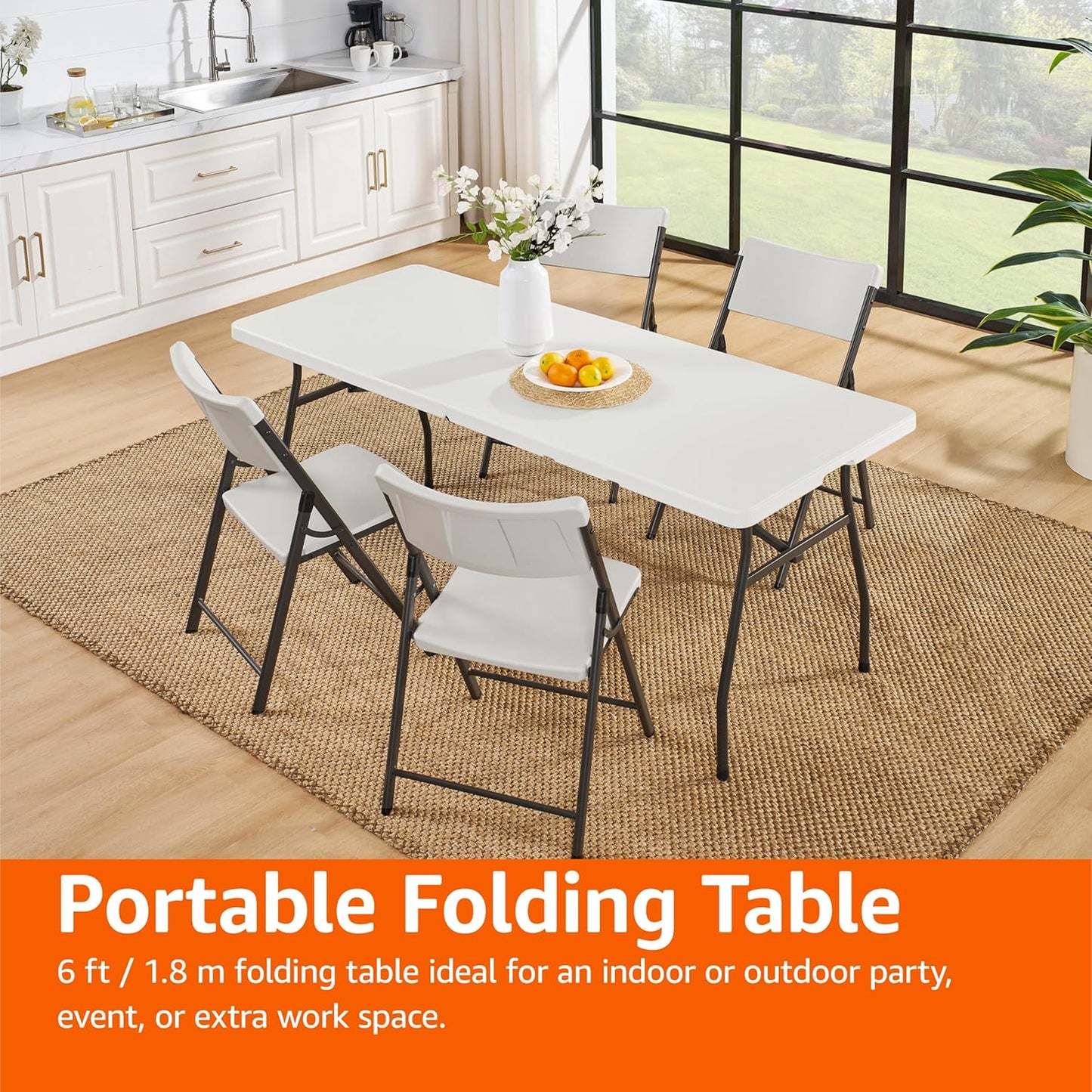 Amazon Basics Heavy Duty Portable Folding Table, 6 ft, Indoor & Outdoor, Fold-in-Half Design with Carrying Handle, White | Portable, Heavy Duty, Indoor & Outdoor, with Carrying Handle