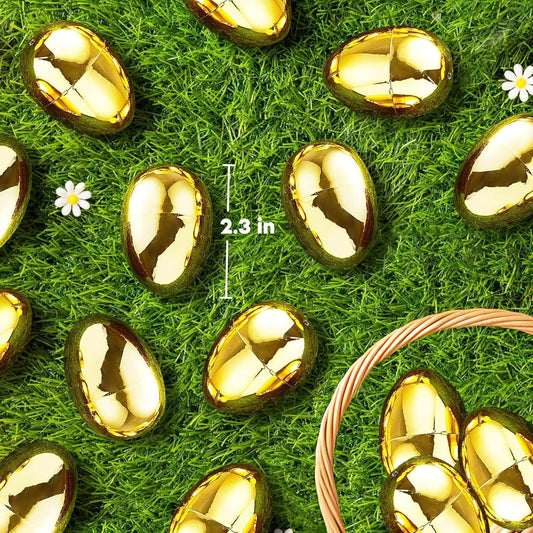 Taboom Gold Easter Eggs 12 Count - Plastic Easter Eggs Fillable Golden Egg Hunt For Easter Baskets, Party Decorations, & Party Favors