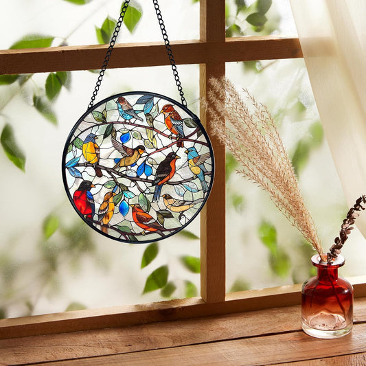 Bird Stained Glass Window Hanging, Rustic Cottagecore Bird Sun Catchers Indoor Window Round Glass Wall Art Decor, Birds Lover Gifts Suncatcher Wall Hanging Gardening & Lawn Care