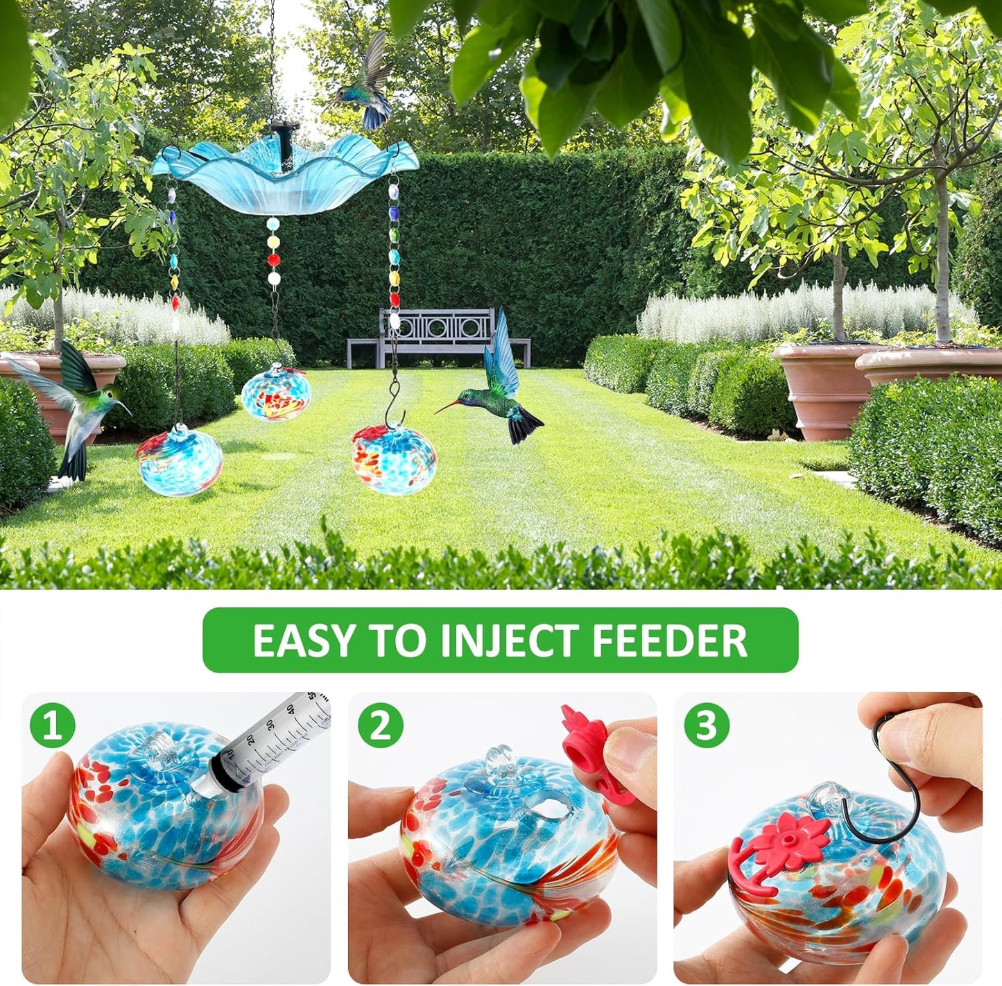 Hummingbird Feeder Bird Bath for Outdoors Hanging Hummingbird Bath Fountain Feeder Decorative Hummingbird Bath Feeder with 3 Feeder Balls Detachable Easy to Install for Birds ZHAZHAMO
