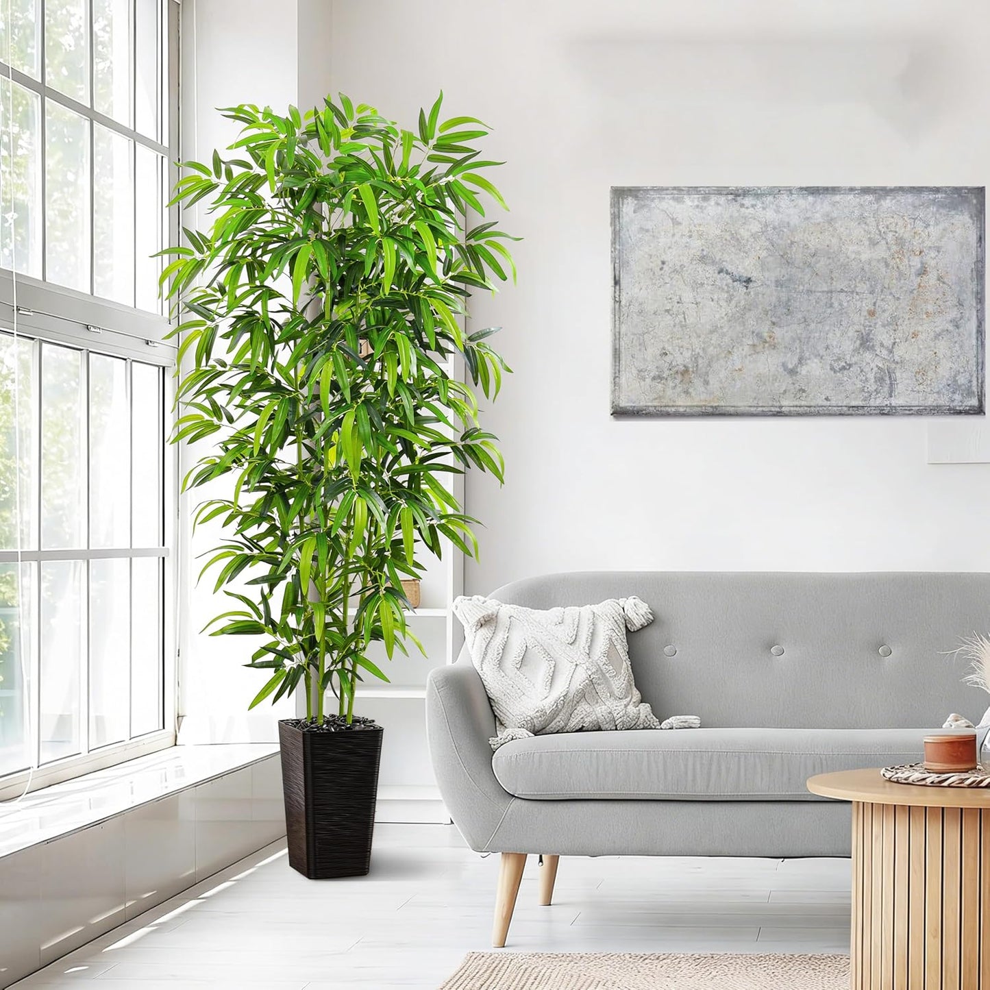 Artificial Bamboo Tree, 6FT Fake Plants Faux Bamboo Plant with Black Square Planter, Artificial Trees Faux Silk Plant with 3 Trunks & Green Lush Leaves for Home Office Indoor Outdoor Decor