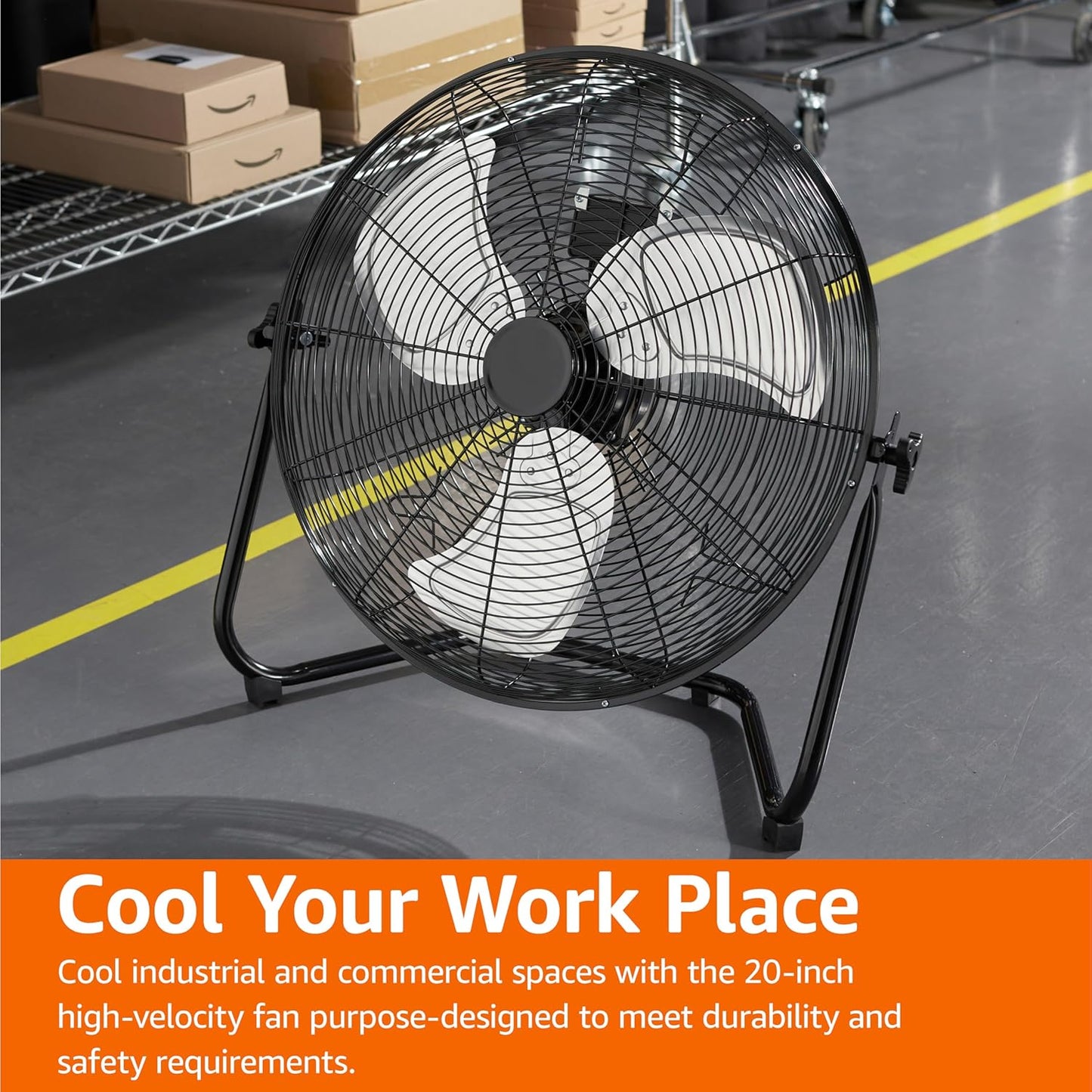 Amazon Basics 20" High Velocity Industrial Cooling Floor Fan with 3 Speeds, Tilt Head, ETL-Listed Safety Compliance, Metal Housing and Blades, for Commercial Space/Garage/Gym, 125W, Black