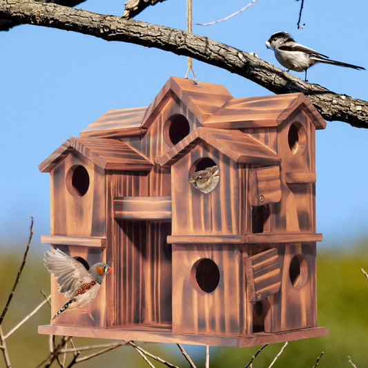 MIXUMON Wooden Bird Houses for Outside – 10 Rooms Multi-Chamber Bird House, Carbonized Pine Rustic Finish, 1.57" Entrance Holes, Individual Cleaning Doors, Decorative Outdoor Bird Nesting Box