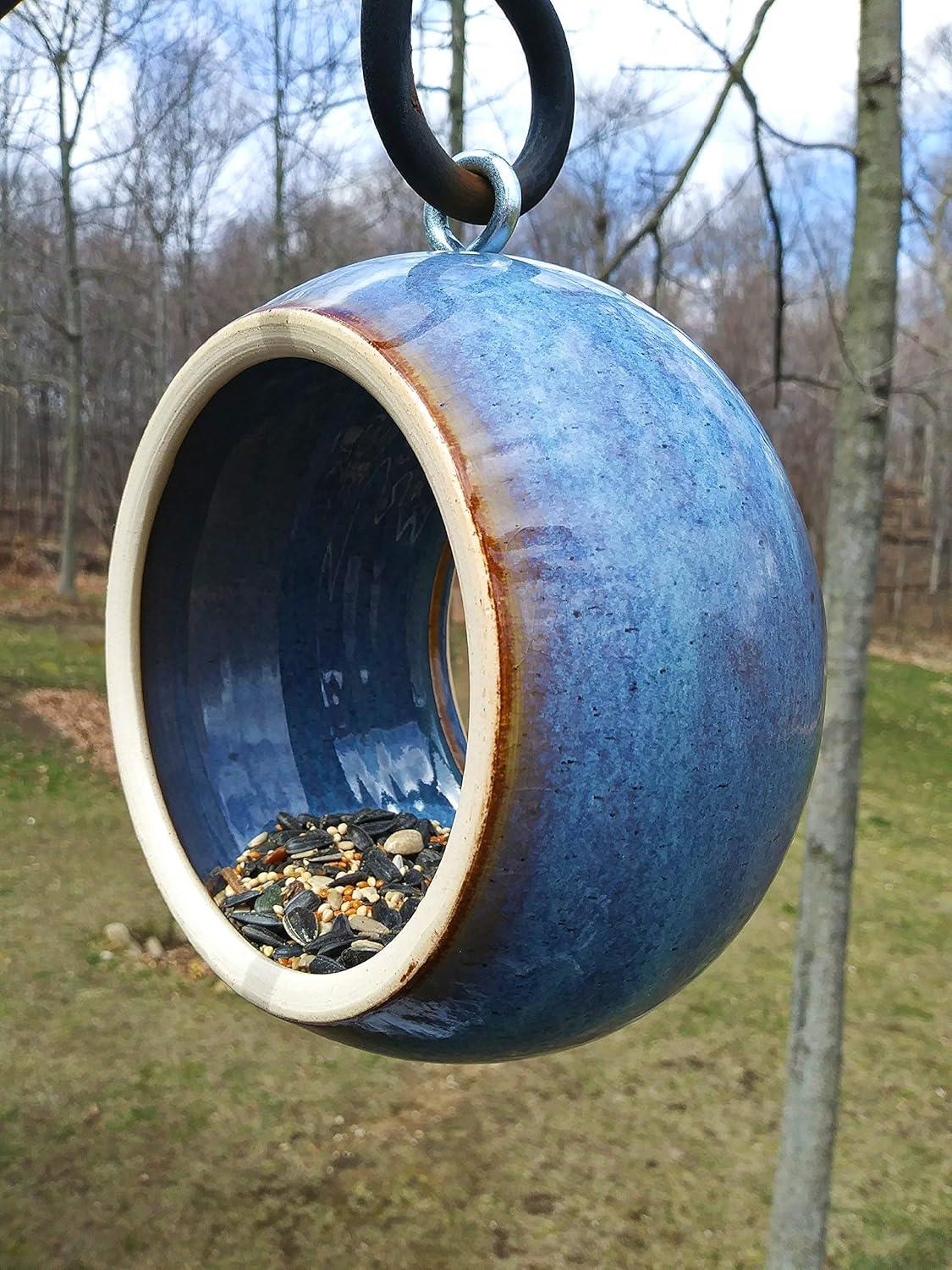 Bird Feeder: Handmade Modern Birdfeeder, Stoneware Ceramic Pottery in Medium Blue