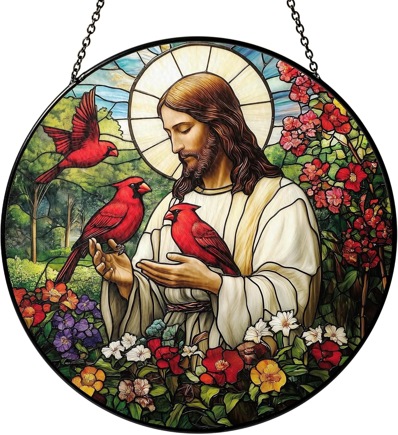 Christian Gifts for Women Faith Red Cardinals Window Hanging Suncatcher Stained Glass, Jesus & Cardinal Faith Home Decorations Jesus Gifts for Women of God Christmas Religious Catholic Gift For Memory