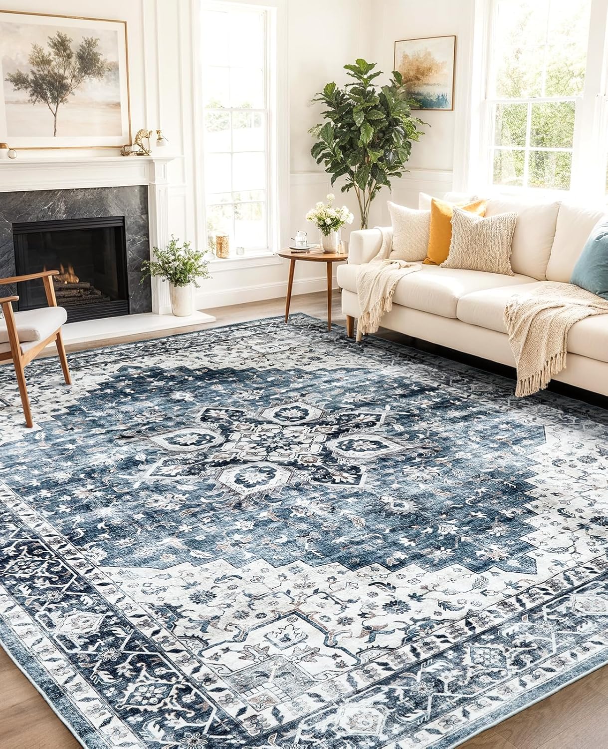 AMADA HOMEFURNISHING 8x10 Washable Area Rug, Low-Profile with Non-Slip Backing & Durable Edge Binding, Vintage Large Rugs for Living Room, Bedroom, Dining Room, Blue