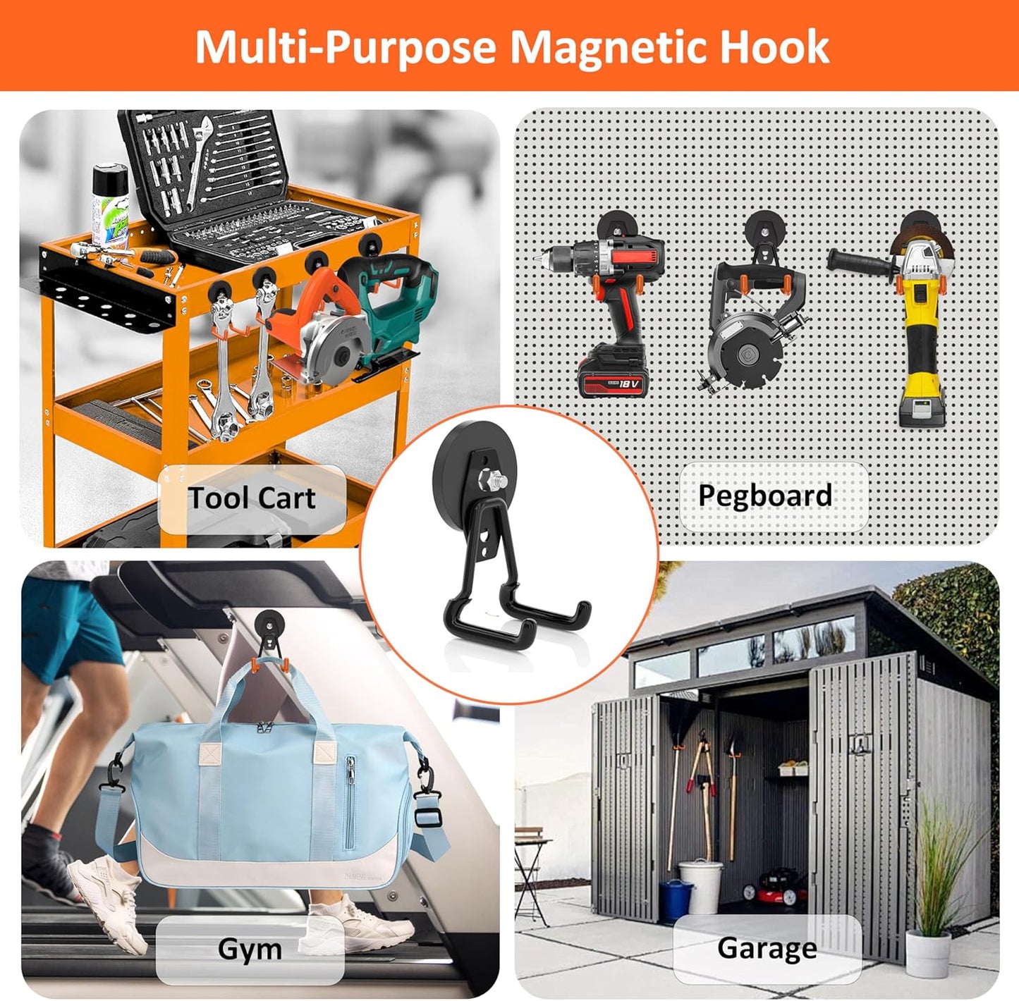 ENUODA Strong Magnetic Hooks Heavy Duty Upgraded Magnets with Hooks Magnetic Garage Hooks for Hanging Shovel, Broom, Wreath, Garden Tool, Toolbox, Shed, Gargae, Locker, 4PCS