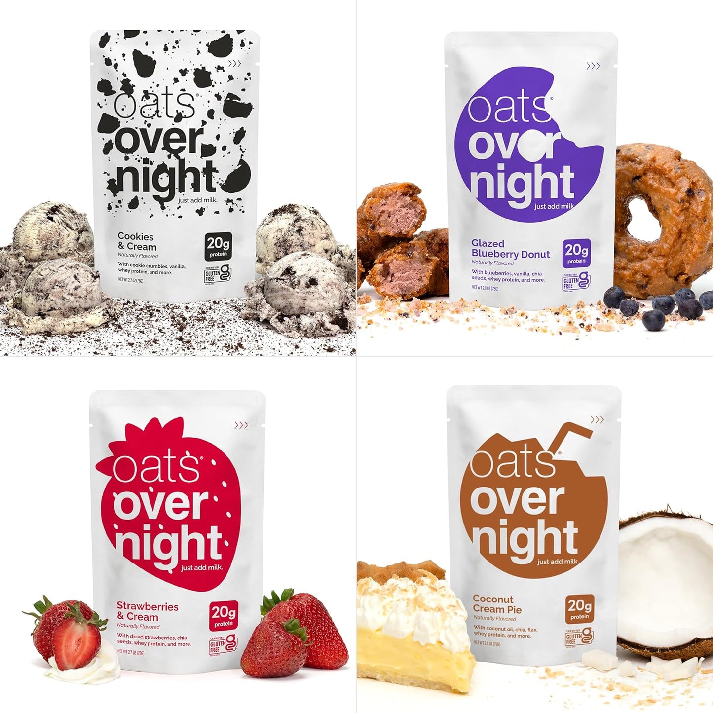 Oats Overnight Party Variety Pack - High Protein, High Fiber Breakfast Protein Shake - Gluten Free Oatmeal, Non GMO Oatmeal - Cookies & Cream, Coconut Cream Pie & More Flavors (8 Pack + Shaker Bottle)