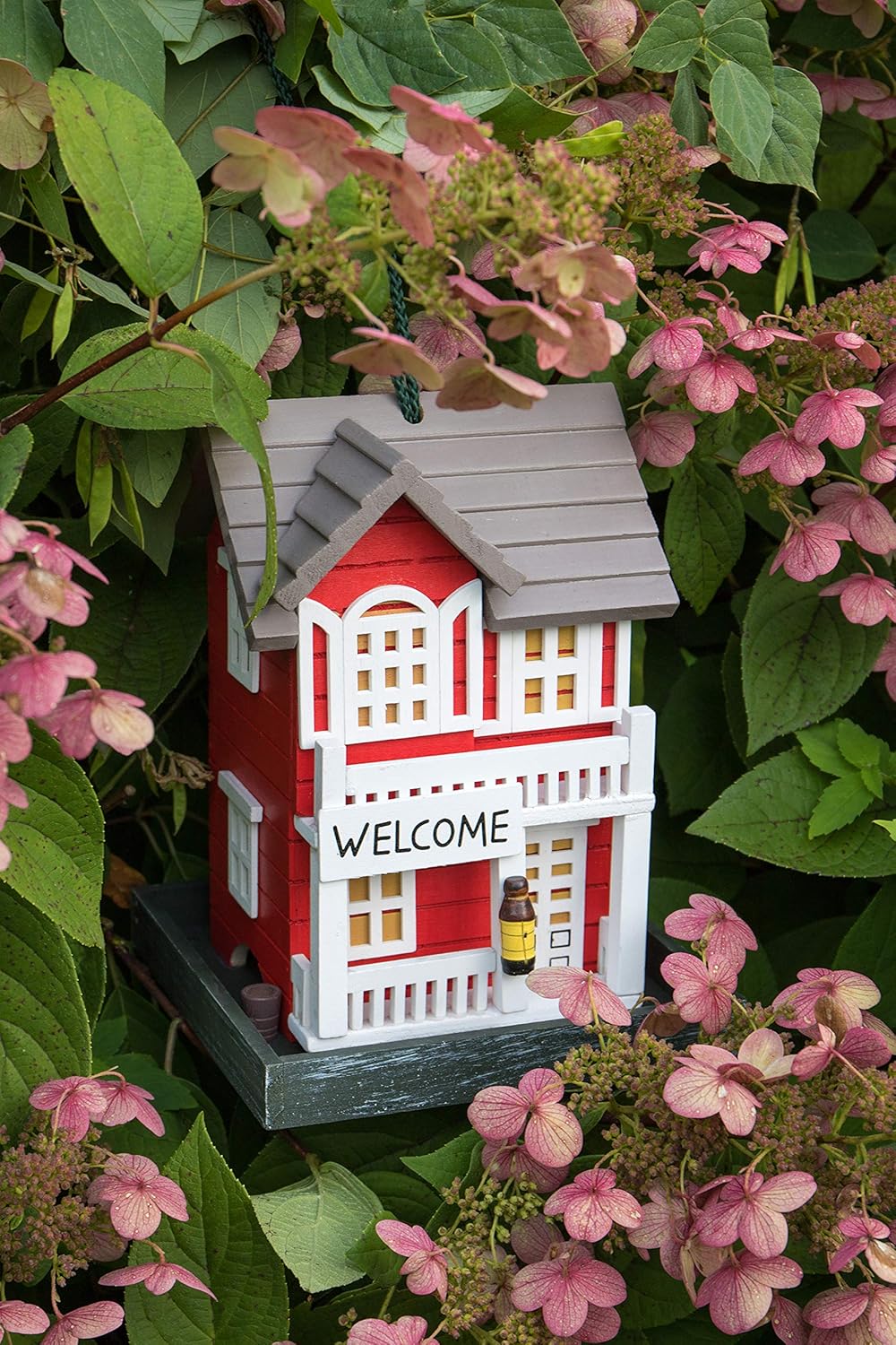 CLEVER GARDEN Hanging Birdhouse, Decorative Outdoor Bird Feeder for Hummingbirds and Wild Birds, Red Welcome