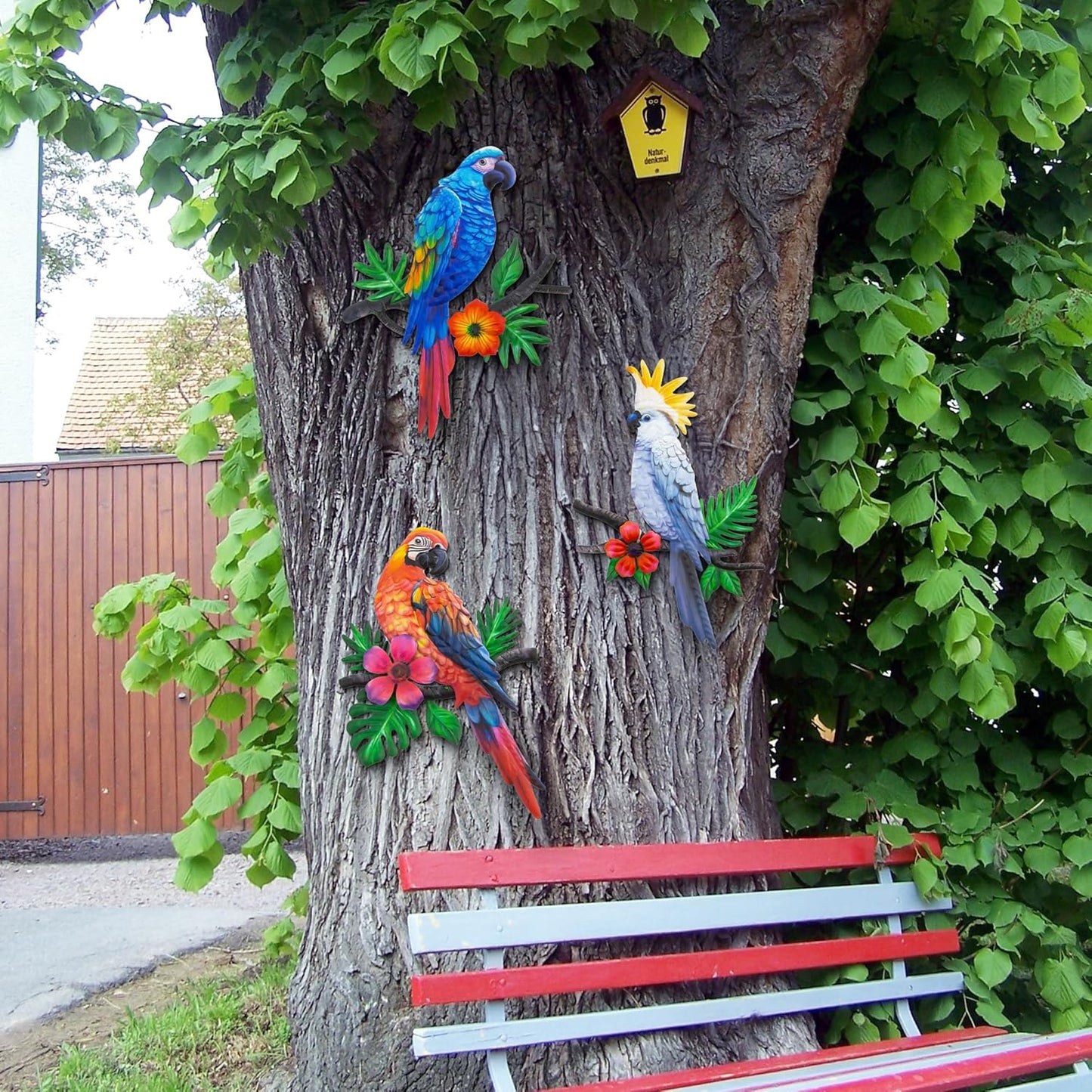 Metal Parrots Wall Art Decor Outdoor Decorations for Yard, Outdoor Garden Decor, Patio Mother's Day Decoration Gift Garden Metal Bird Wall Mother's Day Decor-12 Inches Parrot Large Hanging Wall Decor 3 Pack