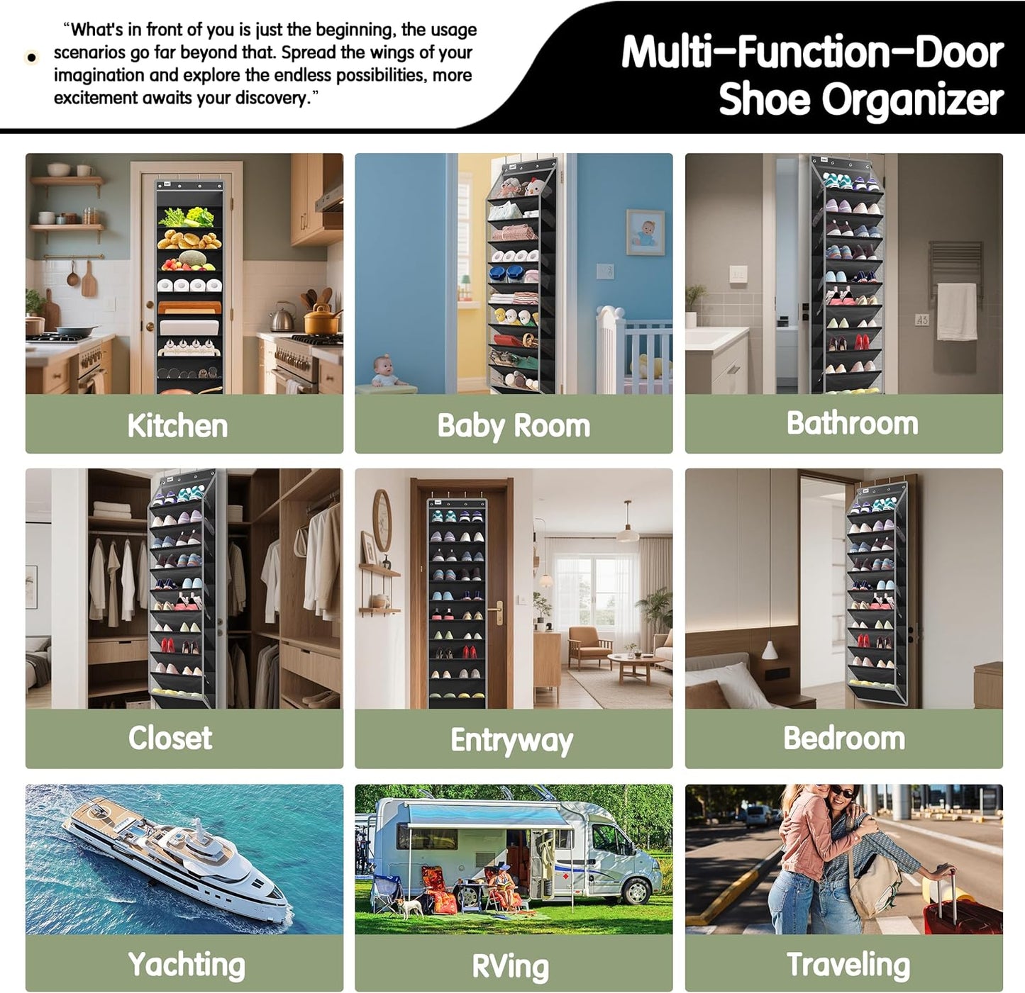 10 Tier Over The Door Organizer - Heavy Duty Hanging Storage Rack with Sturdy Oxford Fabric, Holds 20+ Pairs of Footwear, Boots & Sneakers, Saves 50% Closet Space (Black)
