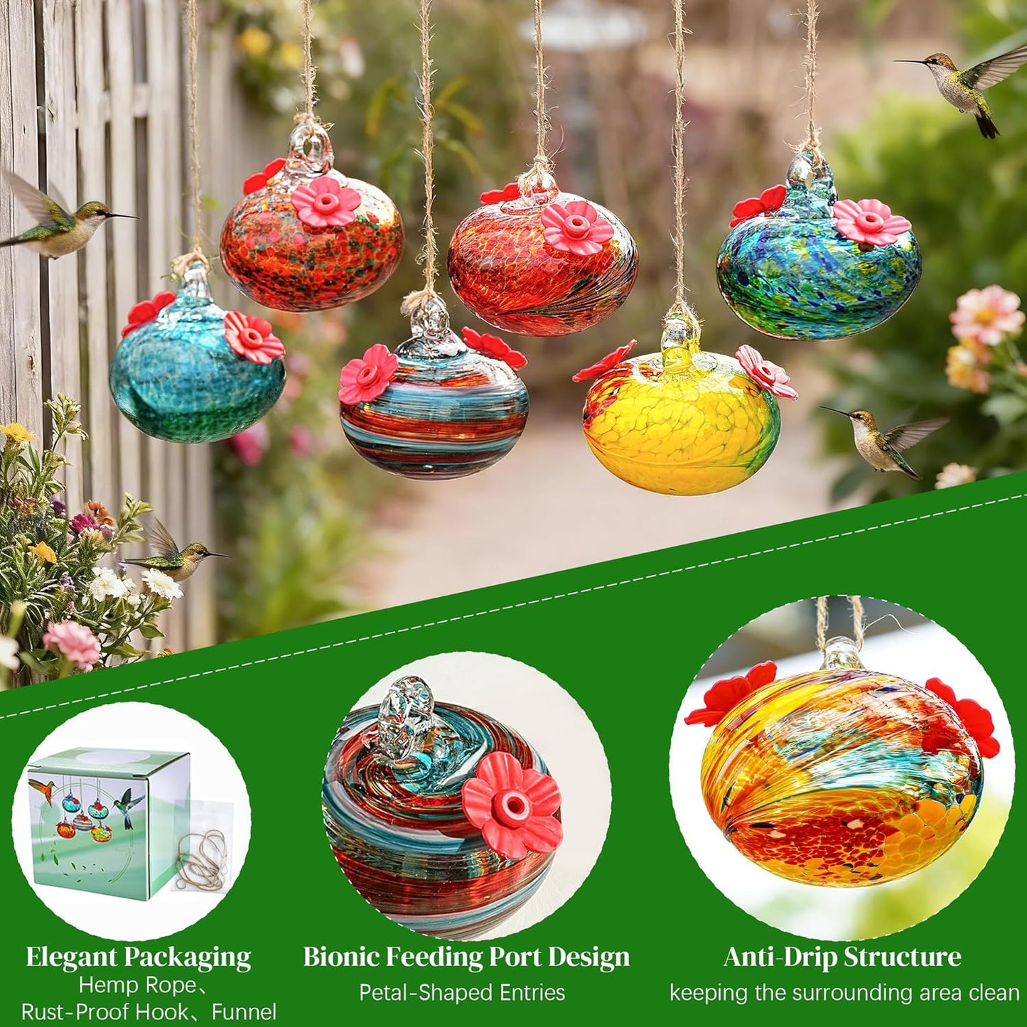 kanpura 6 PCS Hummingbird Feeders for Outdoors Hand Blown Glass Hummingbird Feeder with 2 Flower Feeding Ports Never Fade, Gardening Gifts for Woman Man