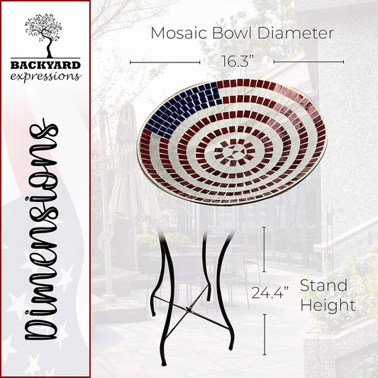 Backyard Expressions Handpainted Glass Bird Bath with Metal Stand for Outdoor, Patio, Garden - American Flag Design
