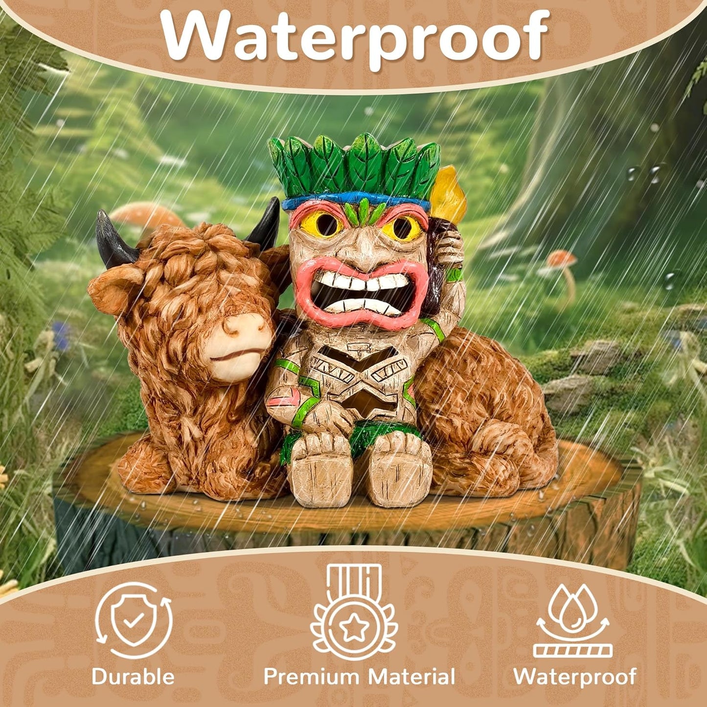 Funny Tiki Highland Cow Solar Garden Statue with LED Light - Outdoor Yard Lawn Patio Decor - Great Birthday Housewarming Gift for Women, Mom, Grandma
