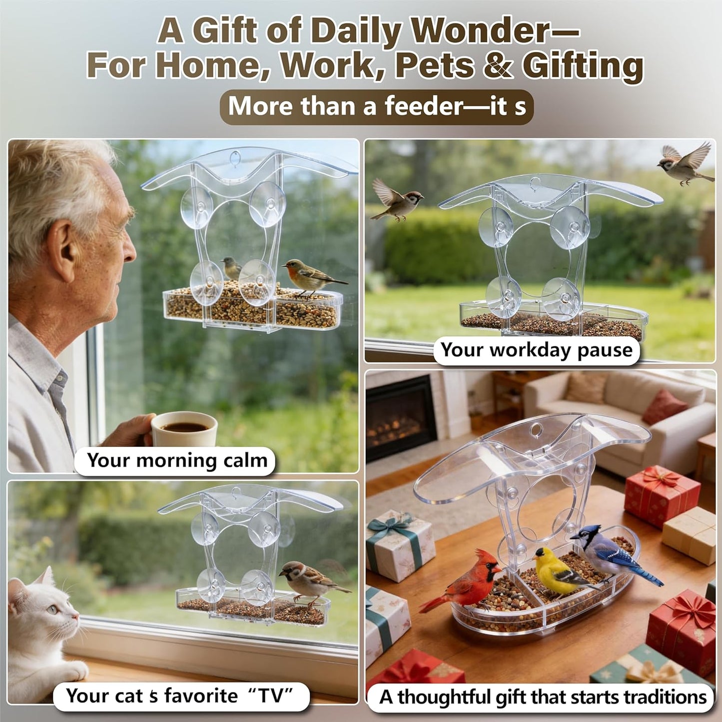 Window Bird Feeder with 5 Acrylic ID Cards - Clear Bird House for Outside with Removable Tray & Drain Holes - 4 Strong Suction Cups, Panoramic View for Wild Birds, Cat TV, Nature Gift