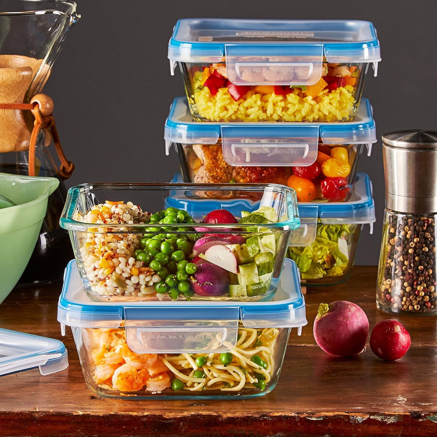 Snapware Glass Total Solutions (5-Pack, 4 Cup) Food Storage Containers Set, Airtight & Leakproof Plastic Locking BPA-Free Lids, Freezer Dishwasher Microwave Safe