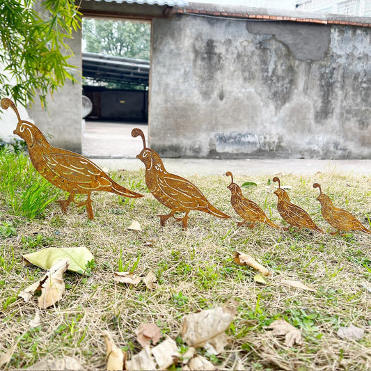 5PCS Rusty Quail Family Decorative Garden Stakes, Metal Birds Yard Dec