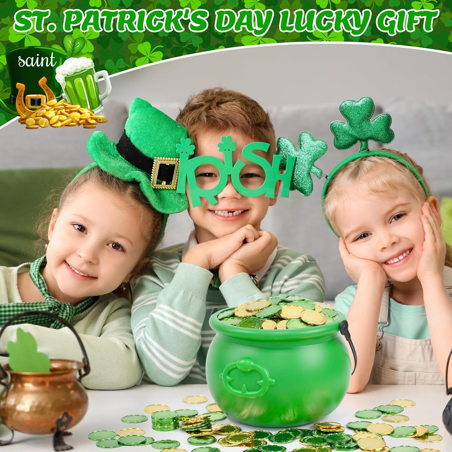 8 Inch St Patricks Day Green Pot with 120 Green & Gold Plastic Lucky Coins Candy Bucket Reusable Pot for St Patrick's Day Decorations Irish Lucky Festival Supplies