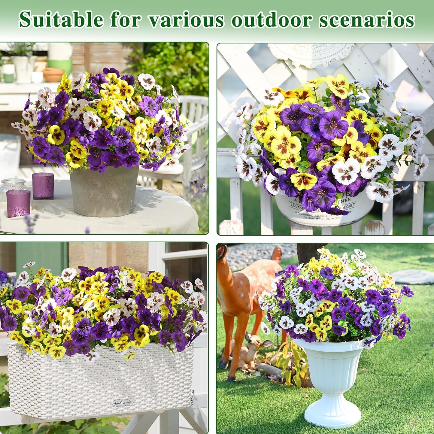 Waipfaru 36 Bundles Artificial Pansy Flowers for Outdoor, UV Resistant Faux Silk Flowers for Outdoor Planters Front Door Porch Yard Patio Window Box Home Decor (Purple, Yellow, White)