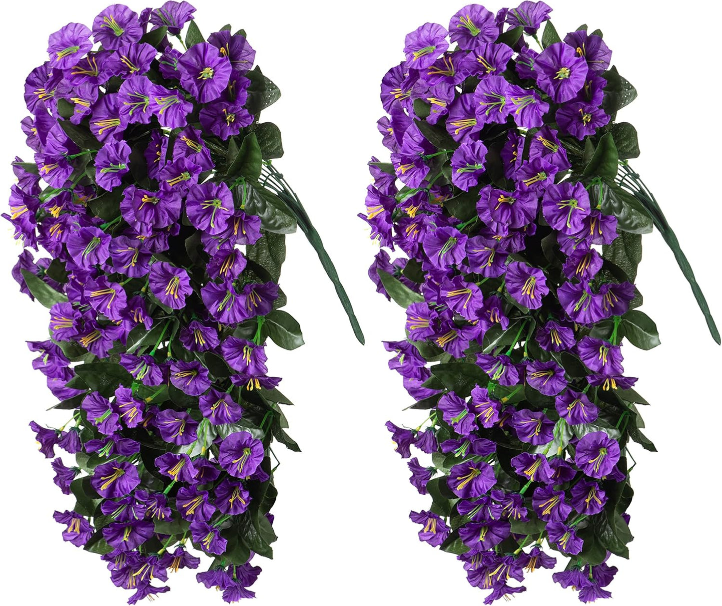 HyeFlora Artificial Fake Hanging Flowers Plants for Outdoor Outside Summer Decoration, 2PCS Faux Silk Morning Glory Purple UV Resistant Look Real Trailing Vines for Home Planter Porch Patio