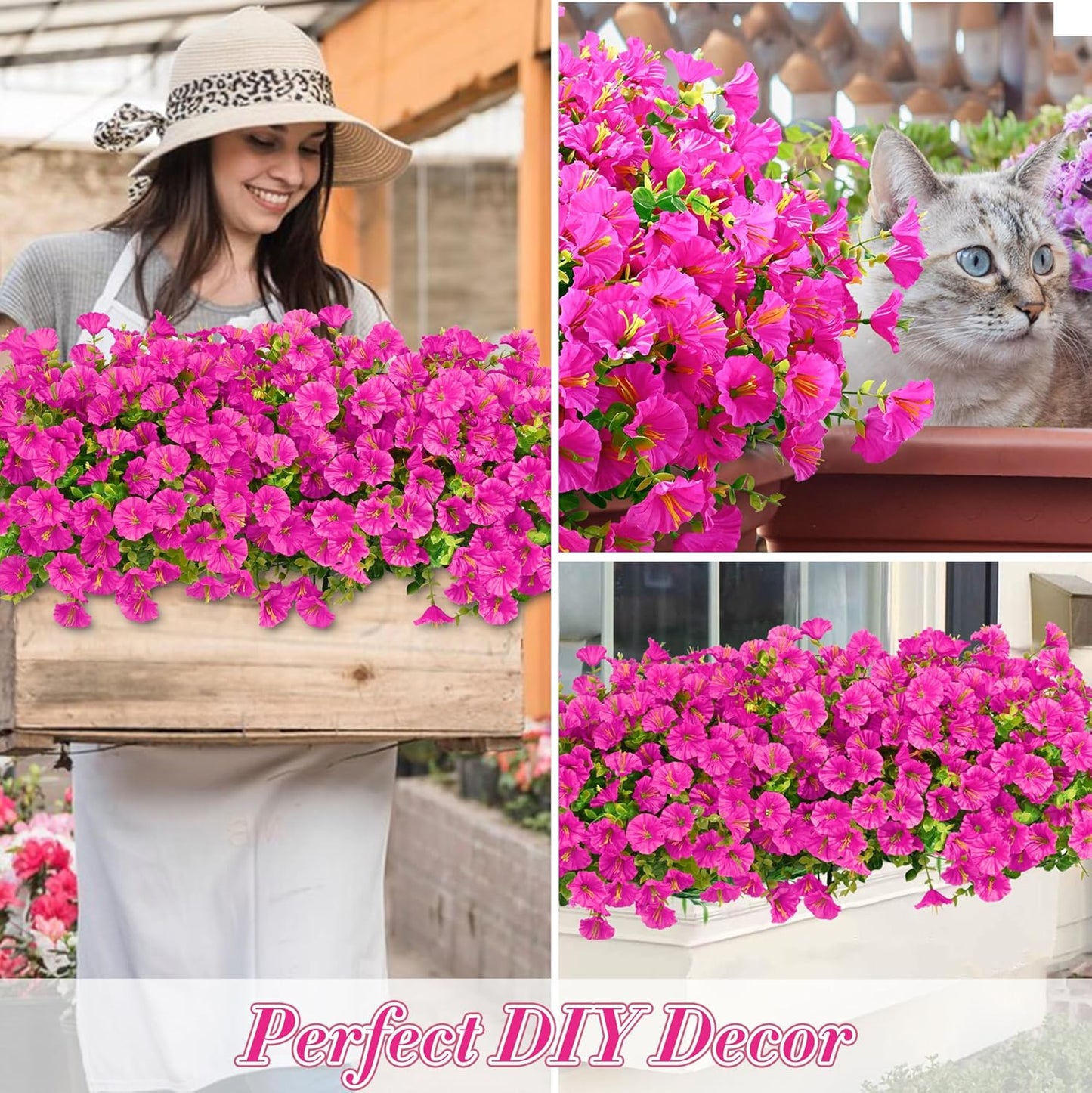 Waipfaru 24 Bundles Artificial Flowers for Outdoors Faux Plants Outdoor, UV Resistant Artificial Plants Outdoor, Silk Petunias Fake Flowers for Outside Home Decor Planter Porch Decoration, Rose Red