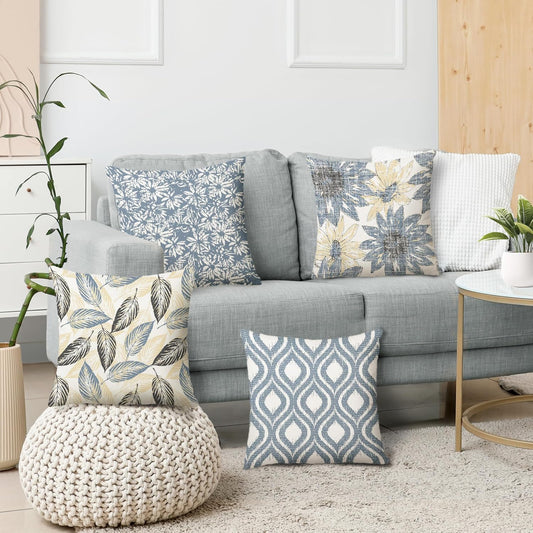 MEHOFOND Blue Floral Pillow Covers 18x18 Inch Set of 4 Boho Leaf Throw Pillow Covers Modern Abstract Art Plant Outdoor Decor Farmhouse Pillowcase Cushion Case for Sofa Couch