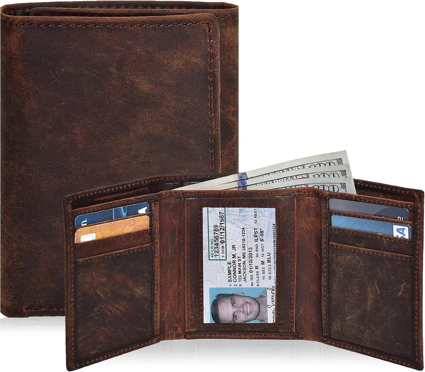 Real Leather Mens Trifold Wallet RFID Blocking Slim Minimalist Front P