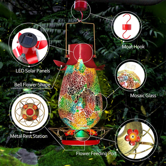 LED Solar Hummingbird Feeder for Outdoors, Multicolor Glass Mosaic Hanging Humming Bird Nectar Bottle with 4 Flower Feeding Stations for Outside, Waterproof Garden Decor Light (Ring Perches)
