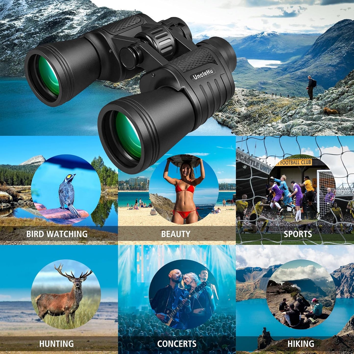 UncleHu 20x50 High Power Binoculars for Adults with Low Light Night Vision, Full-Size Waterproof Binoculars for Bird Watching Hunting Travel Football Games Stargazing with Carrying Case and Strap