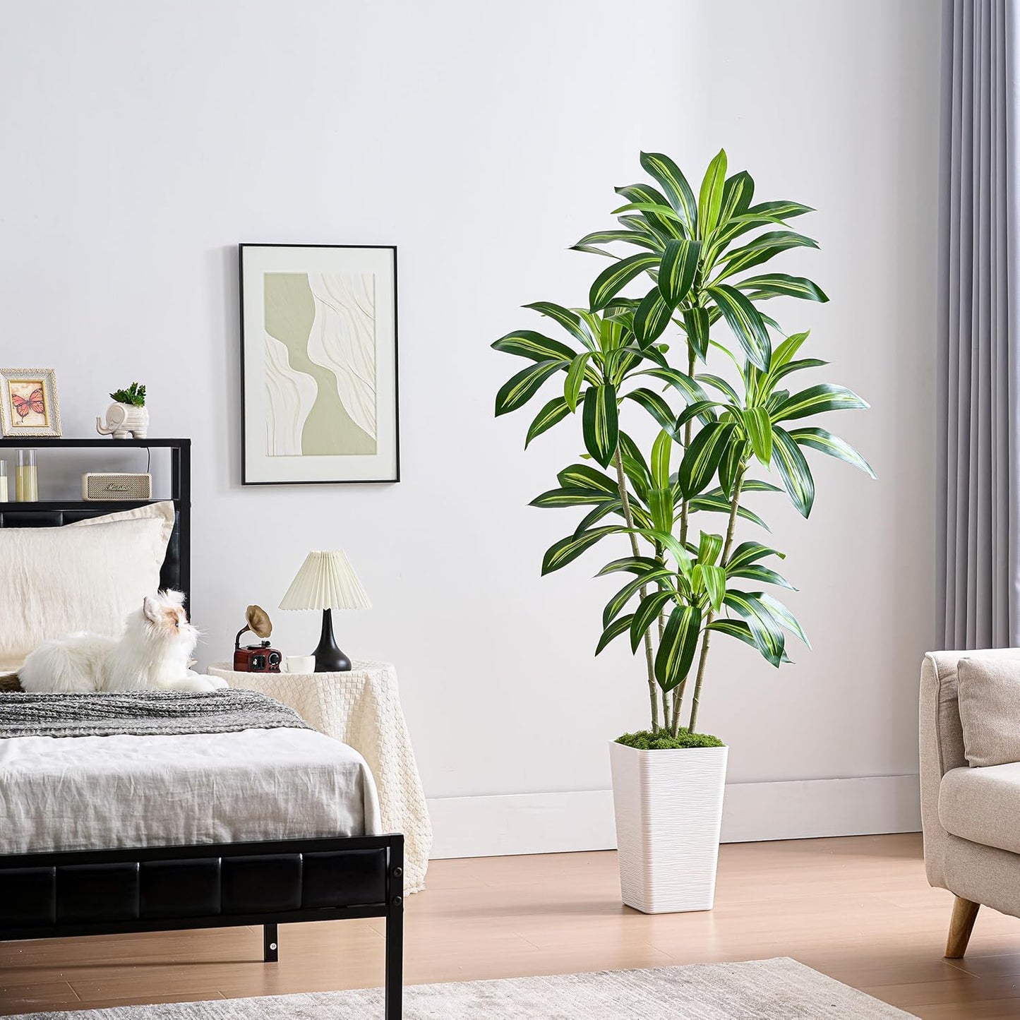 Artificial Dracaena Tree, 6FT Artificial Plants Indoor with White Tall Planter, Faux Yucca Silk Tree Fake Tropical Floor Plant in Pot, Fake Plants for Home House Room Office Entryway Porch Decor