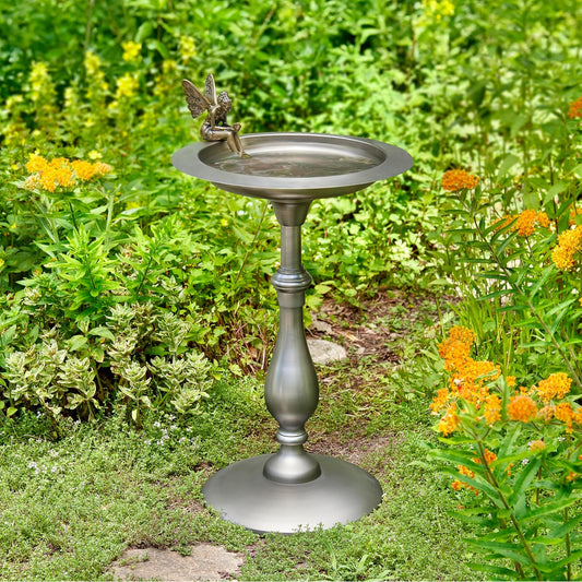 Pewter Pedestal Bird Bath with Fairy Statue, Free Standing Bird Bath, for Outside Backyard, Outdoor Patio, Garden, Birdbath by Good Feeder Gift for Bird Lovers, Large Aluminum Pewter