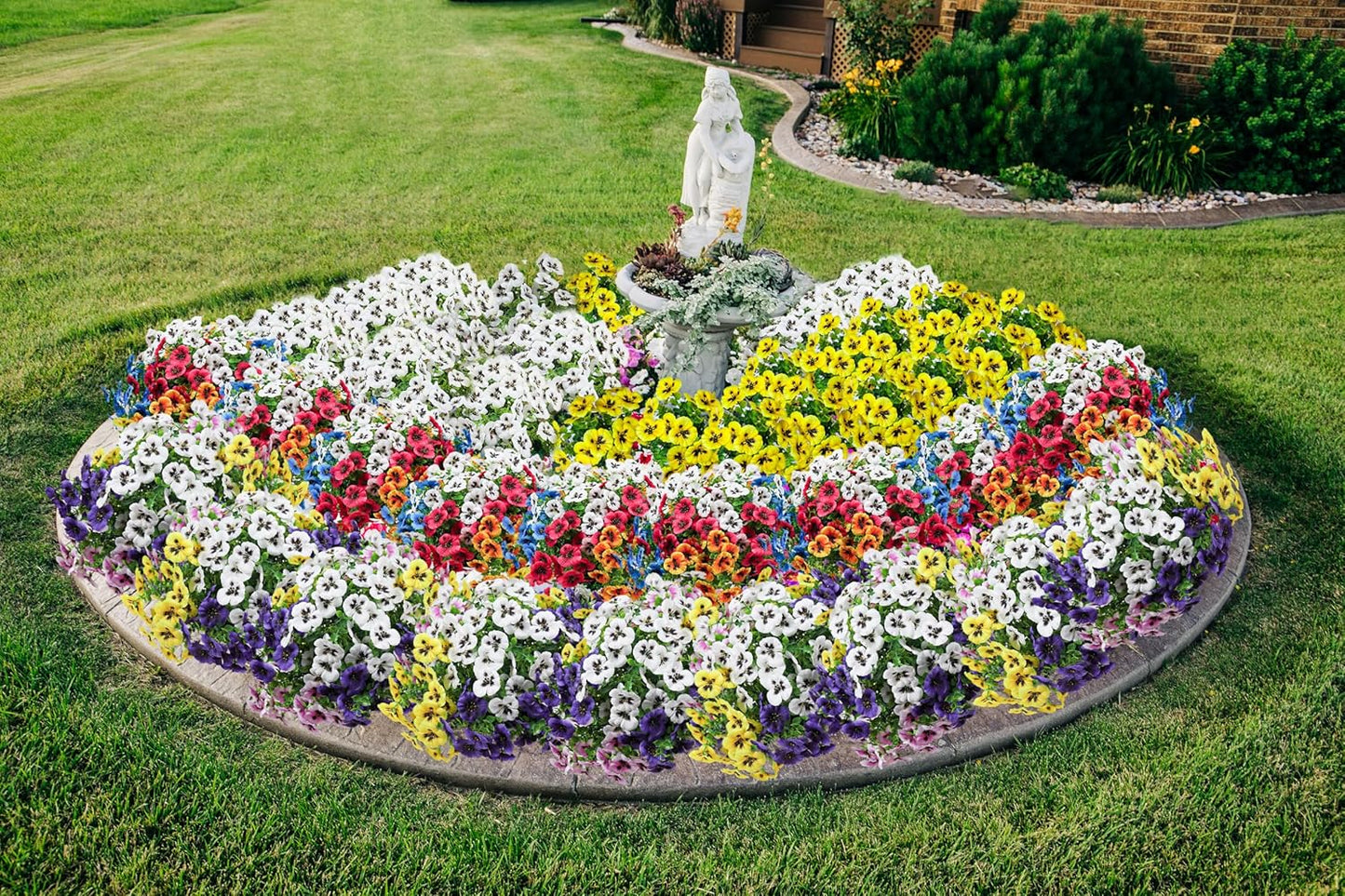 Artificial Fake Pansy Flowers for Outdoor, UV Resistant Faux Silk Pansies Spring Flowers, for Planter Front Door Porch Yard Patio Window Box Home Decor 12 Bundles (Yellow Purple White Pink)