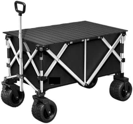 Portable Camping Cart,Outdoor Aluminum Alloy Folding Camping Table with Beach Trolley Cart Hand Pulled Camping Car Trailer for Outdoor Activities (Black)