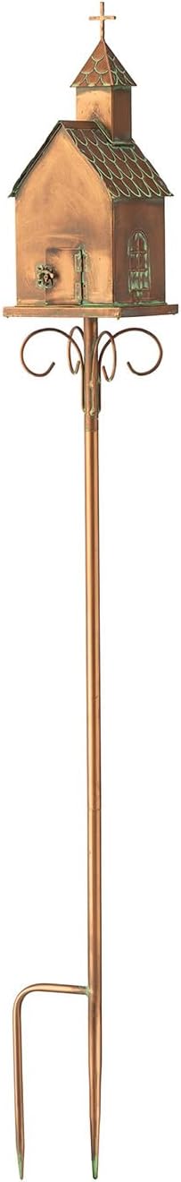 Glitzhome Bird House for Outdoors, 53.00" H Farmhouse Faux Copper Distressed Metal Bird House Church Birdhouse Decorative Garden Birdhouse with Stake
