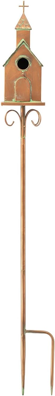 Glitzhome Bird House for Outdoors, 53.00" H Farmhouse Faux Copper Distressed Metal Bird House Church Birdhouse Decorative Garden Birdhouse with Stake