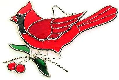 Studio Red Cardinal Bird with Cherries Suncatcher Made from Real Stained Glass Plated with a Silver Finish