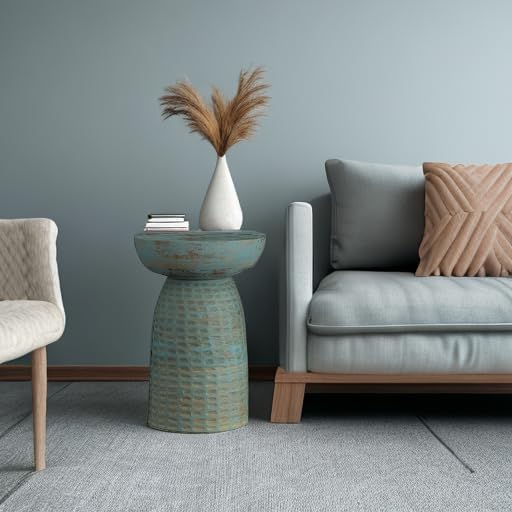 SIMPLIHOME Boyd End Table - 13 inch Wide Solid Mango Wood Round Accent Table in Teal Wash, Handcrafted Contemporary Nightstand or Lamp Stand for Living Room, Bedroom, or Office, Assembled