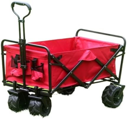 Portable Camping Cart,Foldable Beach Trolley Cart with Wide Wheels for Off Road Camping and Picnic Large Capacity Camper Van Outdoor Carts in Red